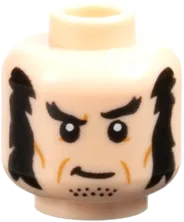 Minifigure, Head Dual Sided Black Bushy Eyebrows, Mutton Chops, and Stubble, Medium Nougat Cheek Lines, Bared Teeth Smile and White Goggles / Grin Pattern - Vented Stud