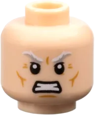 Minifigure, Head Dual Sided White and Light Bluish Gray Bushy Eyebrows, Medium Nougat Cheek Lines, Chin Dimple, and Wrinkles, Smirk / Angry Bared Teeth Pattern - Vented Stud