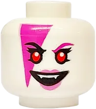 Minifigure, Head Dual Sided Alien Female Black Eyebrows, Bright Pink Eyeshadow, Dark Pink Lips, Open Mouth Smile with Fangs / Magenta Face Paint Triangle and Eyebrow Pattern - Vented Stud