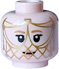 Minifigure, Head Dual Sided Female, Medium Nougat Eyebrows and Lips, Black Eyes and Mouth Neutral / Smile with Gold Mesh Face Veil Pattern - Vented Stud