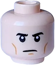 Minifigure, Head Dual Sided Black Eyebrows, Eyes and Mouth and Medium Nougat Cheek Lines and Chin Dimple, Neutral / Angry Pattern - Vented Stud