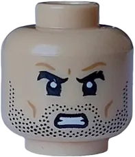 Minifigure, Head Dual Sided Black Thick Eyebrows and Beard Stubble, Medium Nougat Cheek Lines and Wrinkles, Neutral / White Bared Teeth Angry Pattern - Vented Stud