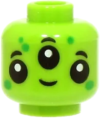Minifigure, Head Alien with 3 Black Eyes and Eyebrows, Bright Green Dots, Grin Pattern - Vented Stud