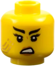 Minifigure, Head Dual Sided Female Black Eyebrows, Long Eyelashes, Medium Nougat Lips, Gold Stripes Tattoo, Evil Open Mouth Smile with Teeth / Scowl Pattern - Vented Stud