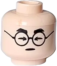 Minifigure, Head Dual Sided Black Eyebrows and Glasses, Nougat Lightning Scar, Arrow Shaped Closed Eyes / Surprised Open Eyes and Chin Dimple Pattern - Vented Stud