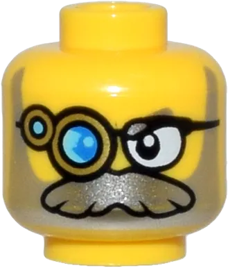 Minifigure, Head Black Glasses, Gold Monocle with Dark Azure and Medium Azure Lens, Clear Left Lens, Silver Beard and Moustache Pattern - Vented Stud