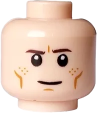 Minifigure, Head Dual Sided Dark Brown Eyebrows, Medium Nougat Cheek Lines, Chin Dimple, and Freckles, Neutral / Open Mouth Smile with Top Teeth Pattern - Vented Stud