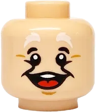 Minifigure, Head Dual Sided White Bushy Eyebrows, Medium Nougat Wrinkles and Chin Dimple, Open Mouth Smile with White Teeth and Red Tongue / Grin Pattern - Vented Stud