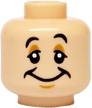 Minifigure, Head Dual Sided Black Eyebrows, Medium Nougat Eyelids and Chin Dimple, Wide Smile / Eyes Closed, Yawning, Open Mouth with Cheek Lines, White Tooth and Red Tongue Pattern - Vented Stud