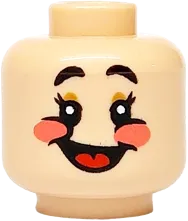 Minifigure, Head Dual Sided Black Eyebrows and Eyelashes, Medium Nougat Eyelids and Wrinkles, Coral Cheeks, Wide Smile / Open Mouth Smile with Red Tongue Pattern - Vented Stud