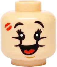 Minifigure, Head Dual Sided Black Eyebrows and Eyelashes, Medium Nougat Chin Dimple, Lipstick Print, Open Mouth Smile with Red Tongue / Wide Smile Pattern - Vented Stud