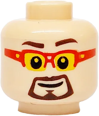 Minifigure, Head Dark Brown Eyebrows and Goatee, Black Mouth, Red Glasses with Yellow Lenses Pattern - Vented Stud