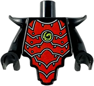 Torso, Modified Short with Smooth Armor Breastplate with Shoulder Pads and Red Armor Plates, Silver Edges and Lime Swirl Pattern / Black Arms / Black Hands