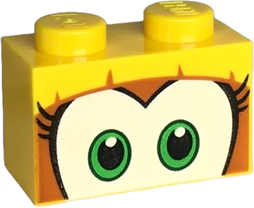 Brick 1 x 2 with Green and White Eyes with Long Black Eyelashes on Dark Orange Background Pattern &#40;Super Mario Dixie Kong Upper Face&#41;