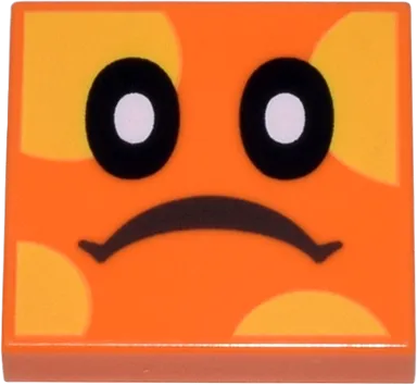 Tile 2 x 2 with Groove with Black Eyes and Sad Mouth, White Pupils, and Yellow Spots Pattern &#40;Super Mario Bramball Face&#41;