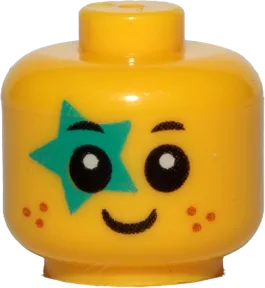 Minifigure, Baby / Toddler Head with Neck with Black Eyes, White Pupils, Dark Orange Freckles, Smile, and Dark Turquoise Star Pattern