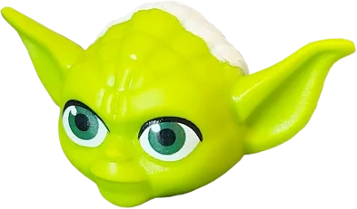 Minifigure, Head, Modified SW Yoda Curved Ears Pointing Up with Dark Green Eyes and White Hair Pattern