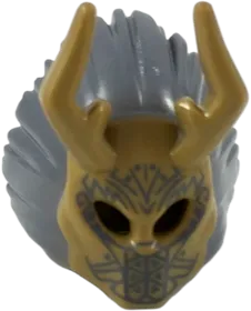 Minifigure, Headgear Mask Ornate with Antelope Horns, Dark Bluish Gray Lion Mane and Tribal Markings Pattern