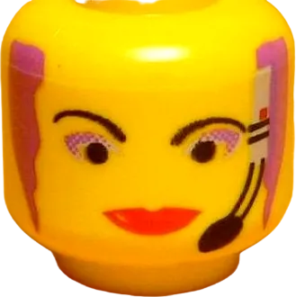 Minifigure, Head Female with Red Lips, Purple Hair and Headset, Wide Lips Pattern - Blocked Open Stud