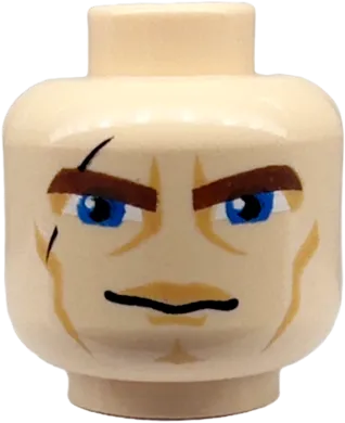 Minifigure, Head Male Brown Thick Eyebrows, Blue Eyes, Scar and Lines Pattern &#40;SW Clone Wars Anakin&#41; - Blocked Open Stud