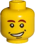 Minifigure, Head Male Brown Eyebrows &#40;Left Curved Down&#41;, Open Side Smile with Dimples Pattern - Blocked Open Stud