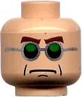 Minifigure, Head Glasses, Green and Silver, Brown Arched Eyebrows, Frown Pattern &#40;Dr. Octopus&#41; - Blocked Open Stud