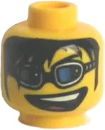 Minifigure, Head Glasses with Blue Glasses, Long Black Bangs and Open Mouth Pattern - Blocked Open Stud