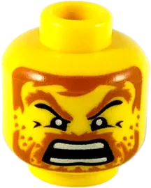 Minifigure, Head Male Brown Hair and Beard with Stubble, Open Mouth, White Pupils Pattern - Blocked Open Stud