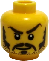 Minifigure, Head Moustache Brown Long, Sideburns, Stubble, Thick Eyebrows, White Pupils Pattern - Blocked Open Stud