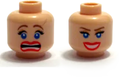 Minifigure, Head Dual Sided Female Blue Eyes, Scared / Smile with Teeth Pattern - Blocked Open Stud