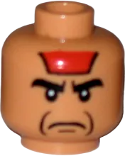 Minifigure, Head Male Angry Black Eyebrows, Red Paint on Forehead, Jowl Lines Pattern - Blocked Open Stud