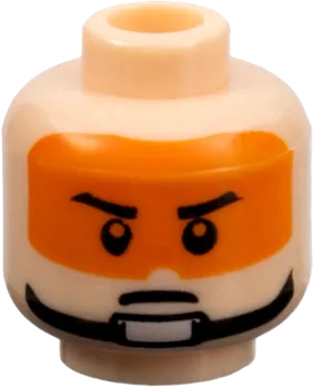 Minifigure, Head Male Stern Black Eyebrows, Pupils, Orange Visor and Chin Strap Pattern - Blocked Open Stud