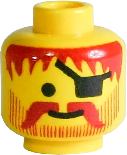 Minifigure, Head Standard Grin with Dark Red Messy Hair, Moustache, and Vertical Lines Beard, Eye Patch Pattern - Blocked Open Stud