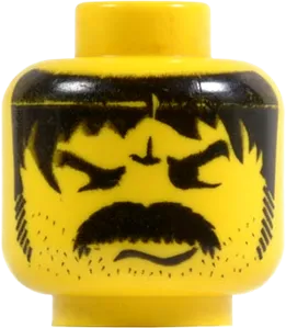 Minifigure, Head Moustache Thick Angry and Long Hair and Stubble Pattern - Blocked Open Stud