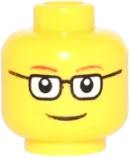 Minifigure, Head Glasses Rectangular, Red Thin Eyebrows, Smile Pattern - Hollow Stud