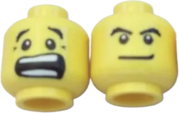 Minifigure, Head Dual Sided Black Eyebrows, White Pupils, Mouth Open Scared / Mischievous Smile Pattern - Hollow Stud