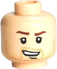Minifigure, Head Male Reddish Brown Eyebrows, Medium Nougat Beard Stubble, Chin Dimple, and Open Mouth Lopsided Grin Pattern - Hollow Stud
