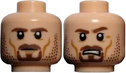 Minifigure, Head Dual Sided LotR Aragorn Brown Beard and Stubble Stern / Frown with Teeth Pattern - Hollow Stud