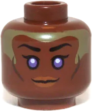 Minifigure, Head Female with Violet Eyes, Brown Lips and Pale Green Head Paint Pattern &#40;SW Stass Allie&#41; - Hollow Stud