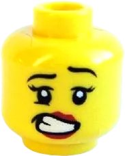 Minifigure, Head Dual Sided Female Black Eyebrows, Eyelashes, Red Lips, Lopsided Smile  / Scared Open Mouth with Teeth Pattern - Hollow Stud