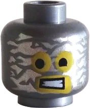 Minifigure, Head Alien with Robot Yellow Eyes and Mouth and Aluminum Foil Splotches Pattern - Hollow Stud