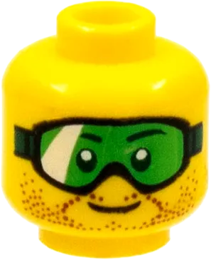 Minifigure, Head Glasses with Green Goggles and Brown Stubble Pattern - Hollow Stud