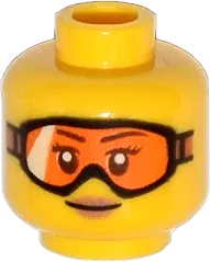 Minifigure, Head Female Glasses with Orange Goggles and Buff Lips Pattern - Hollow Stud