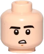 Minifigure, Head Dual Sided Black Eyebrows, Slight Crooked Smile / Downturned Mouth with Teeth Pattern - Hollow Stud