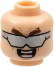 Minifigure, Head Dual Sided Thick Brown Eyebrows, Silver Sunglasses, Angry Bared Teeth / Open Mouth Smile Pattern &#40;Doc Ock&#41; - Hollow Stud