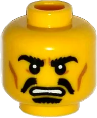 Minifigure, Head Moustache Black Split, Goatee, Bushy Eyebrows, Cheek Lines, Angry Pattern - Hollow Stud