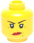 Minifigure, Head Dual Sided Female Red Lips, Crow&#39;s Feet and Beauty Mark, Smile / Annoyed with Short Frown Lines Pattern - Hollow Stud