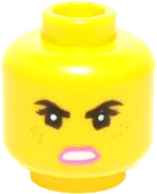 Minifigure, Head Dual Sided Female Black Eyebrows, Freckles, Eyelashes, Pink Lips, Open Mouth Smile / Angry Pattern &#40;Wyldstyle&#41; - Hollow Stud