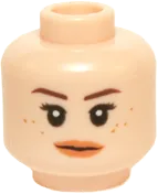 Minifigure, Head Dual Sided Female Brown Eyebrows, Freckles, Peach Lips Neutral / Scowling Pattern &#40;Rey&#41; - Hollow Stud