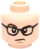 Minifigure, Head Dual Sided Black Glasses with Clear Lenses, Dark Brown Eyebrows, Open Mouth Smile with Teeth / Frown, Raised Eyebrow Pattern - Hollow Stud